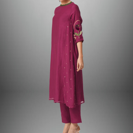 Women’s plum Color kurti set with sleeve embroidery work-RWKS019