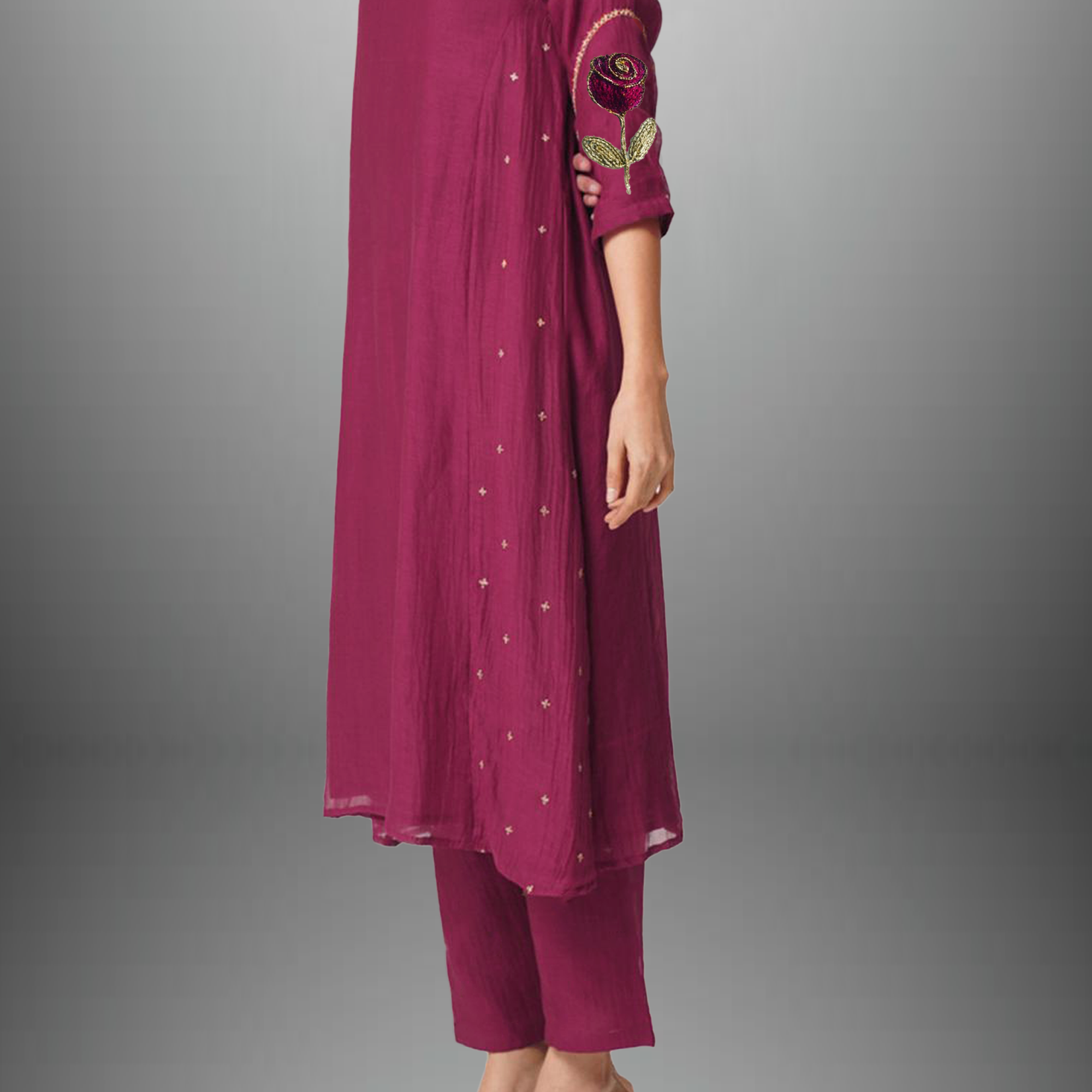 Women's plum Color kurti set with sleeve embroidery work-RWKS019