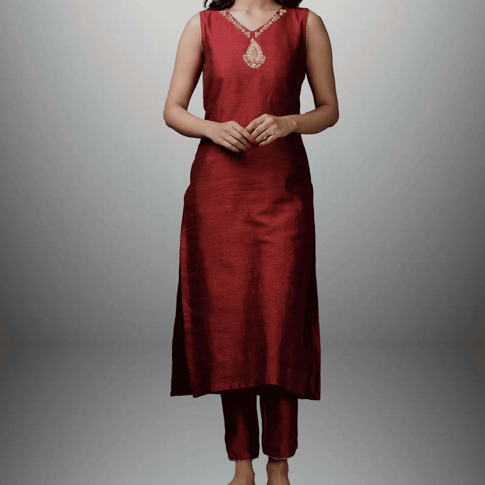 Women's red Kurti with neckline traditional embroidery and Pant-RWKS028