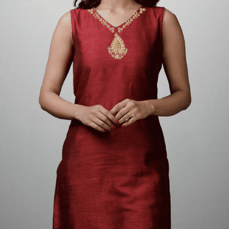 Women’s red Kurti with neckline traditional embroidery and Pant-RWKS028