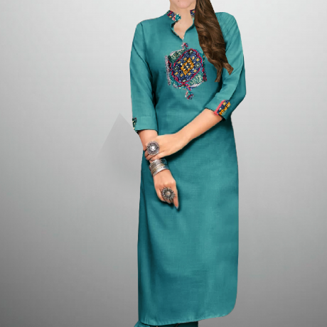 Women’s Teal blue kurti set with printed patch work on it-RWKS001