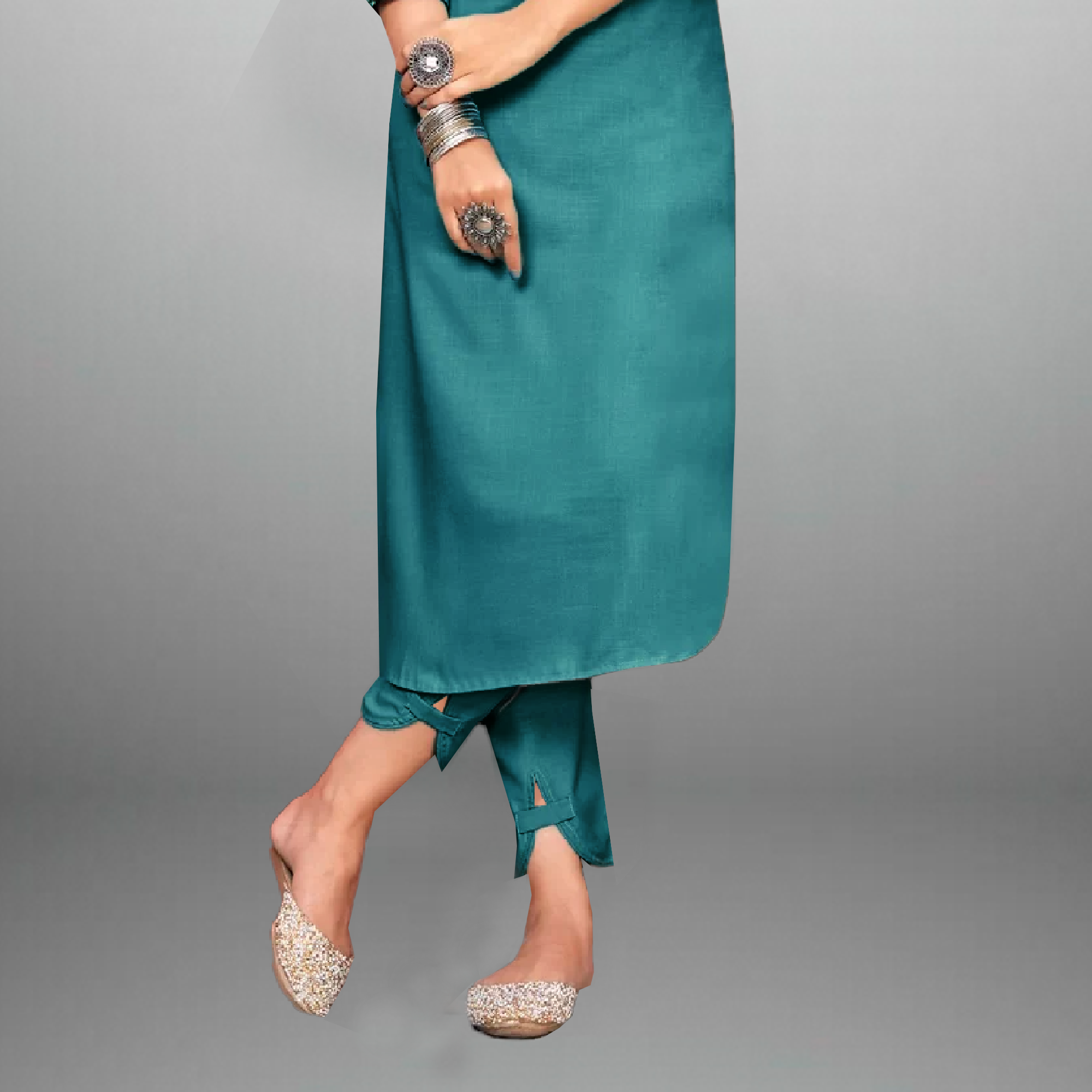 Women's Teal blue kurti set with printed patch work on it-RWKS001