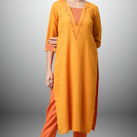 Women’s patched yellow and orange kurti set-RWKS007