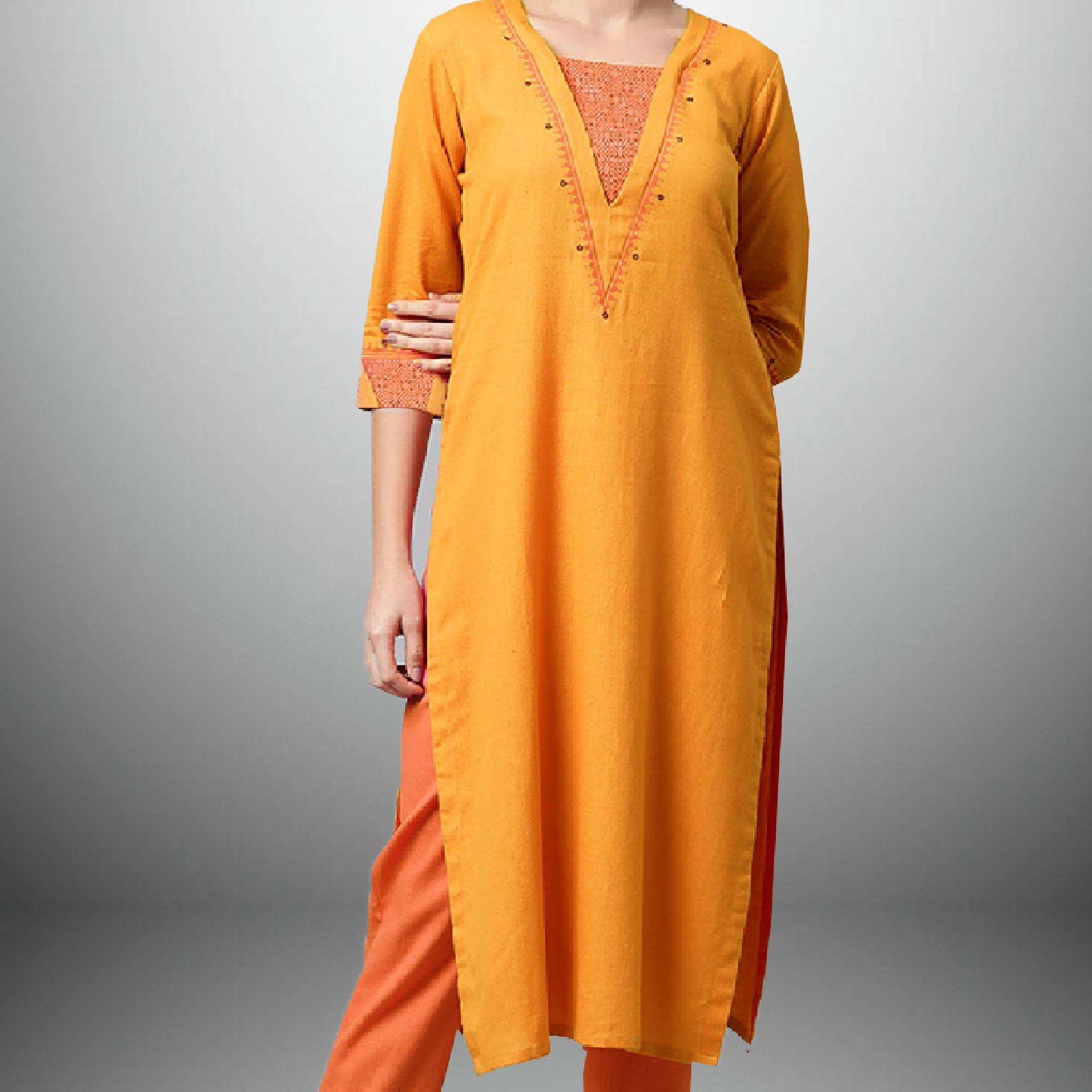 Women's patched yellow and orange kurti set-RWKS007