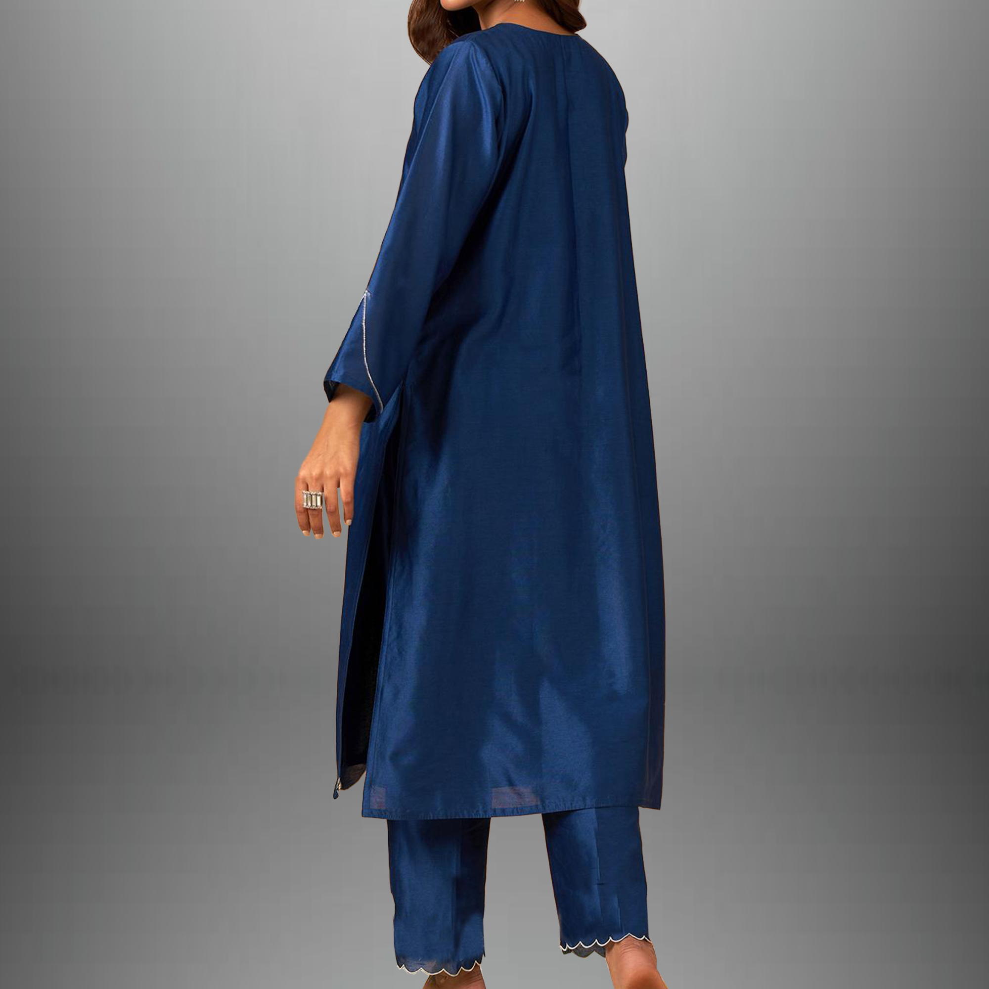 Women's  Cotton silk Blue kurti set with  embroidery on sleeve-RWKS015