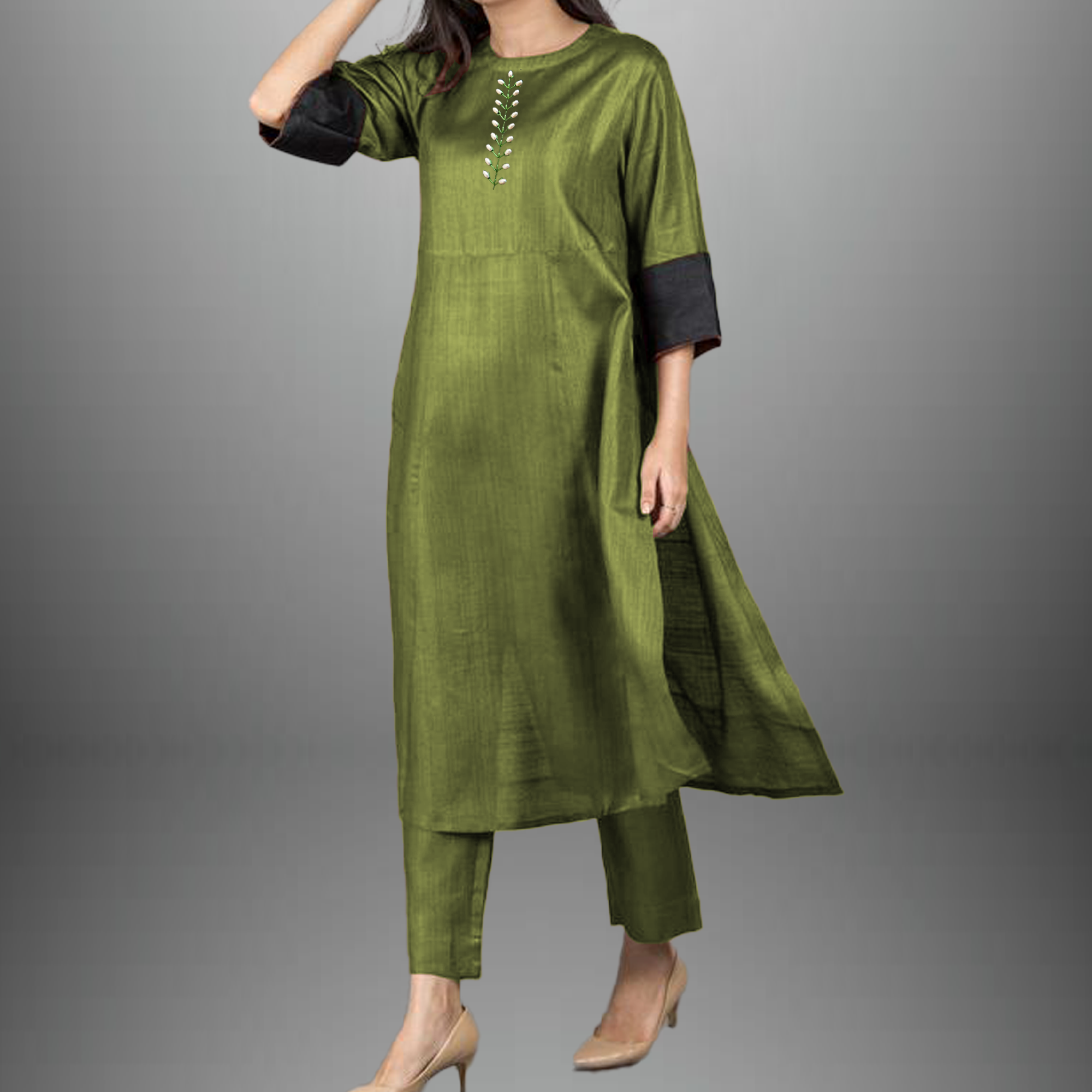 Women's  Cotton silk green  kurti set with  bead embroidery-RWKS012