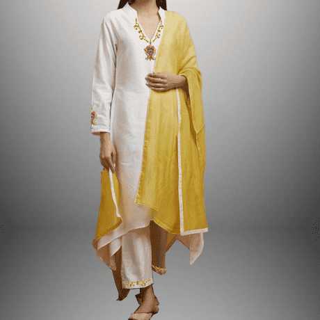 Women’s full sleeve off-white embroidered Salwar kurti with yellow dupatta-RWKS023