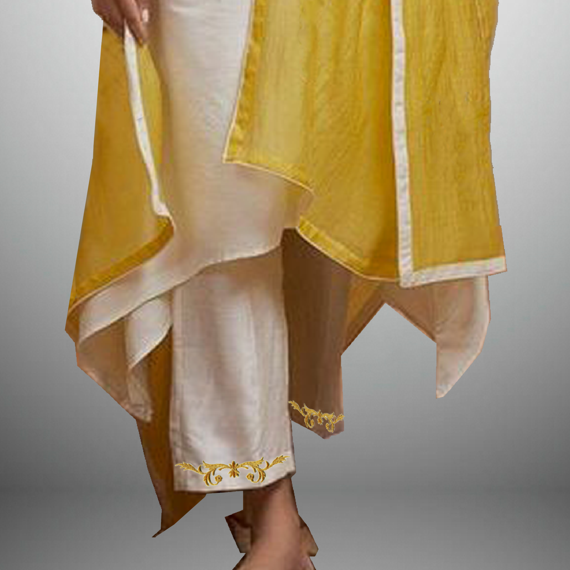 Women's full sleeve off-white embroidered Salwar kurti with yellow dupatta-RWKS023