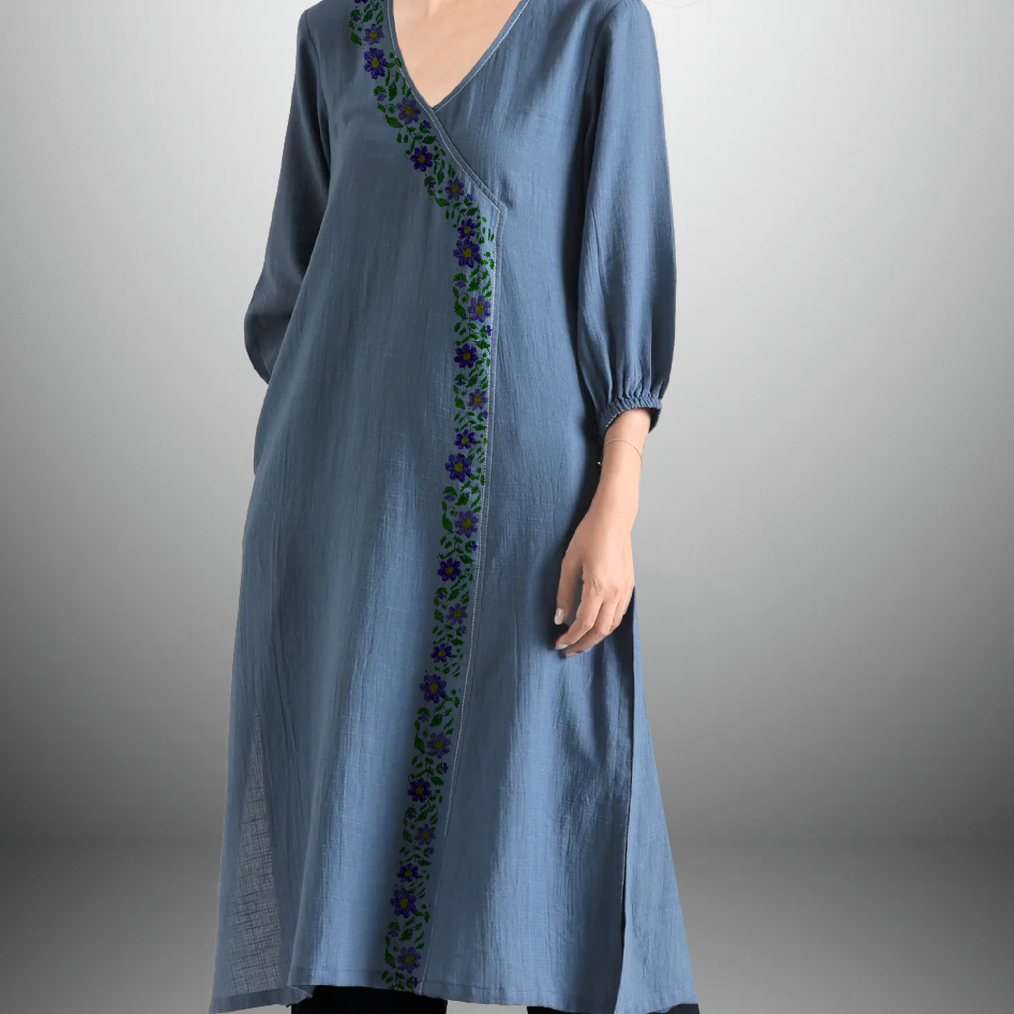Women's Rayon Horizon blue color overlapped Kurti and black pant with floral embroidery -RWKS005