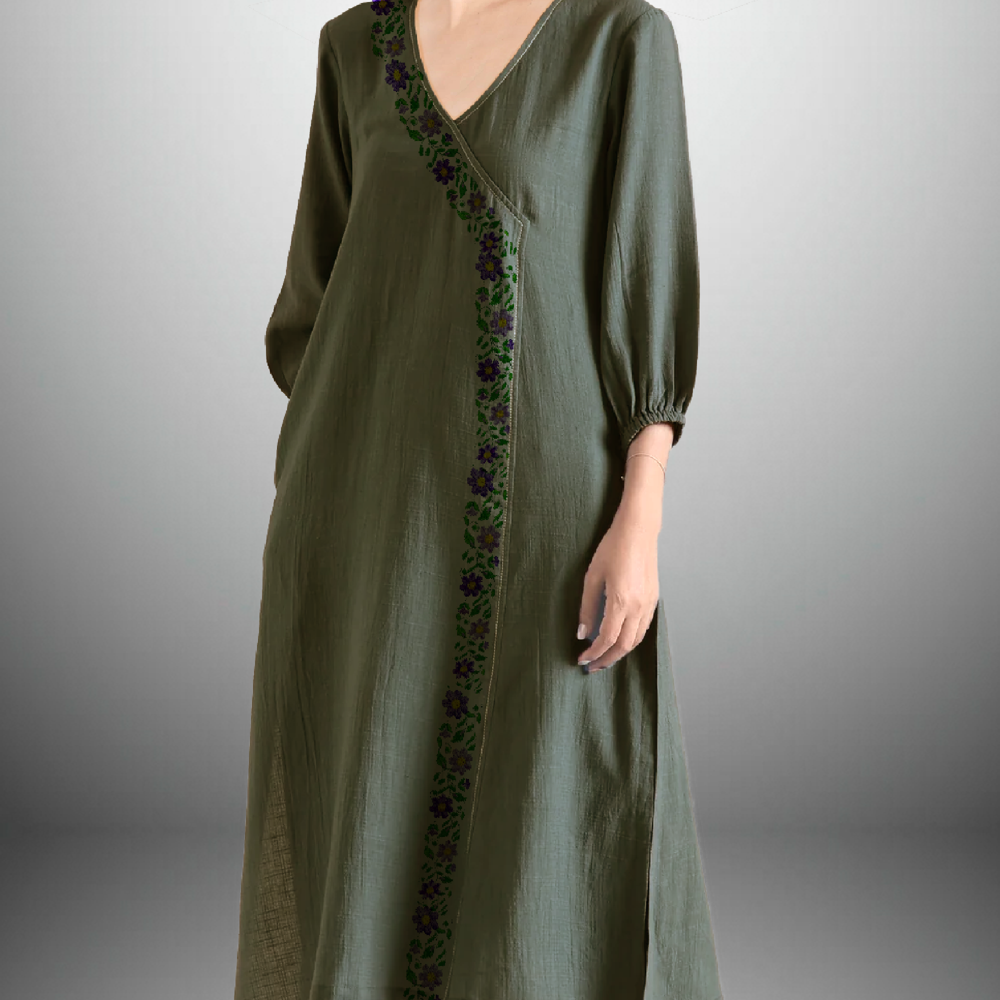 Women's Rayon Pine Green color overlapped Kurti and Black pant with floral embroidery-RWKS004