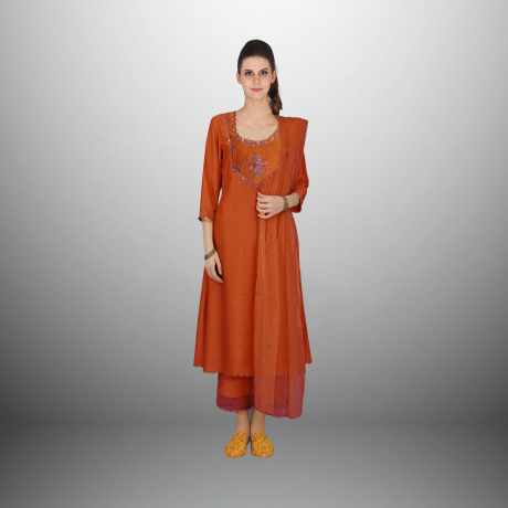 Women’s Organza 3/4th sleeve Orange kurti set with embroidery work on it-RWKS003