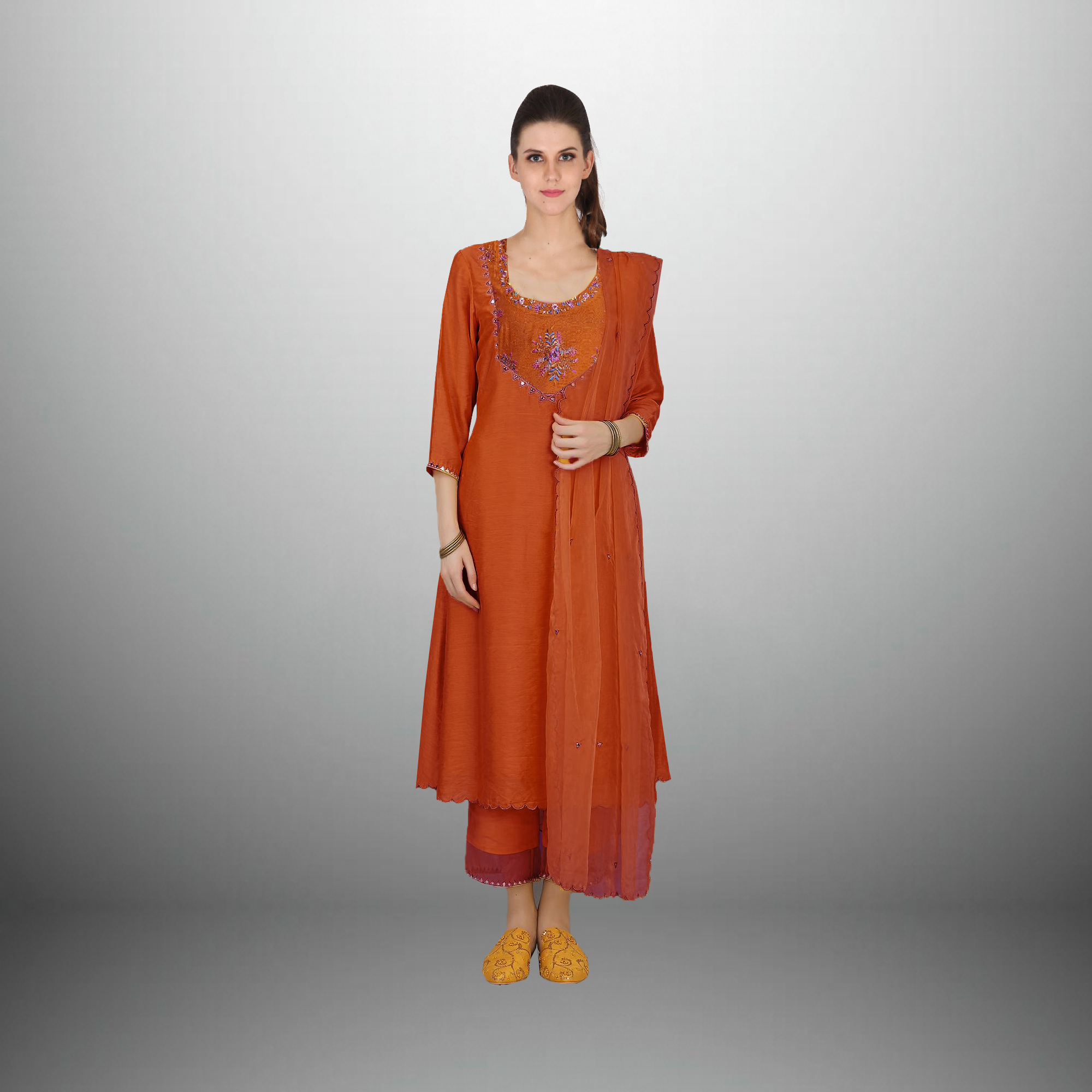 Women's Organza 3/4th sleeve Orange kurti set with embroidery work on it-RWKS003