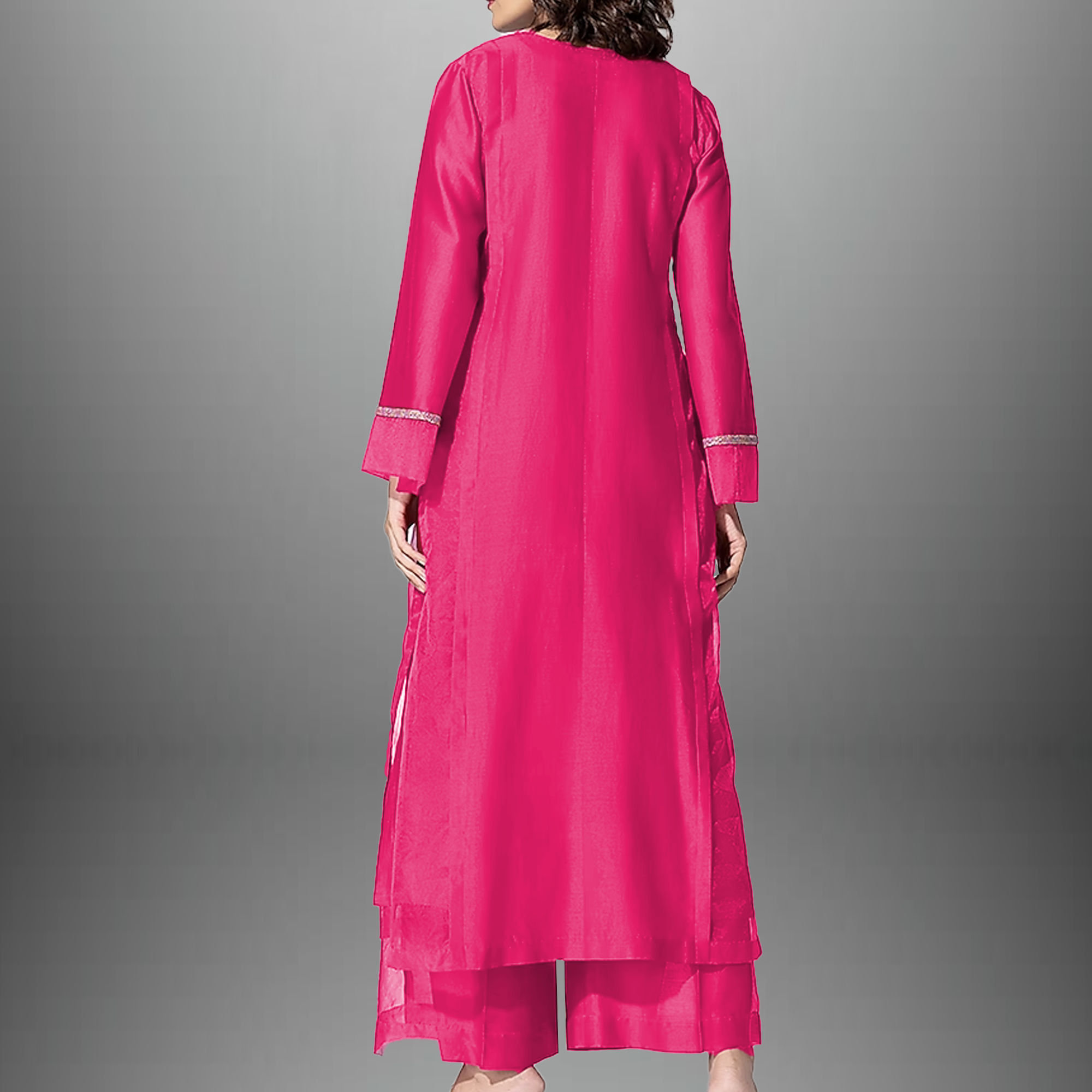 Women's pink Organza full sleeve kurti set with silver lace and kundan work -RWKS009