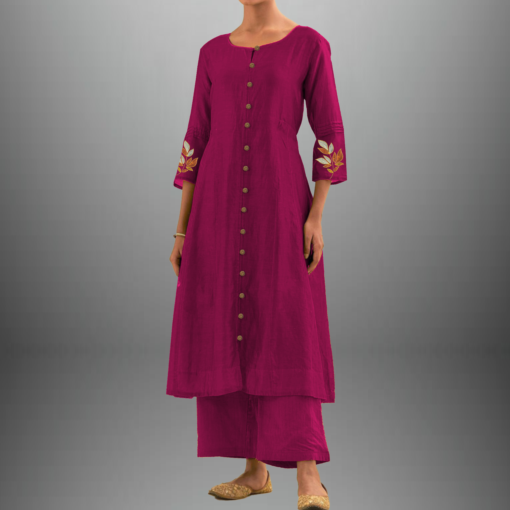 Women's  Cotton silk Pink  kurti set with  embroidery on sleeve-RWKS013