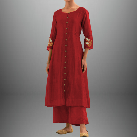 Women’s Cotton silk red kurti set with embroidery on sleeve-RWKS014