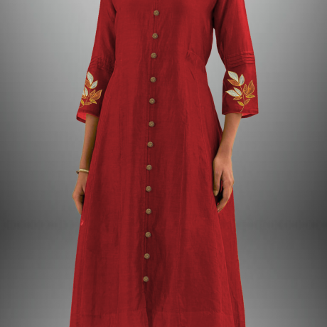 Women’s Cotton silk red kurti set with embroidery on sleeve-RWKS014