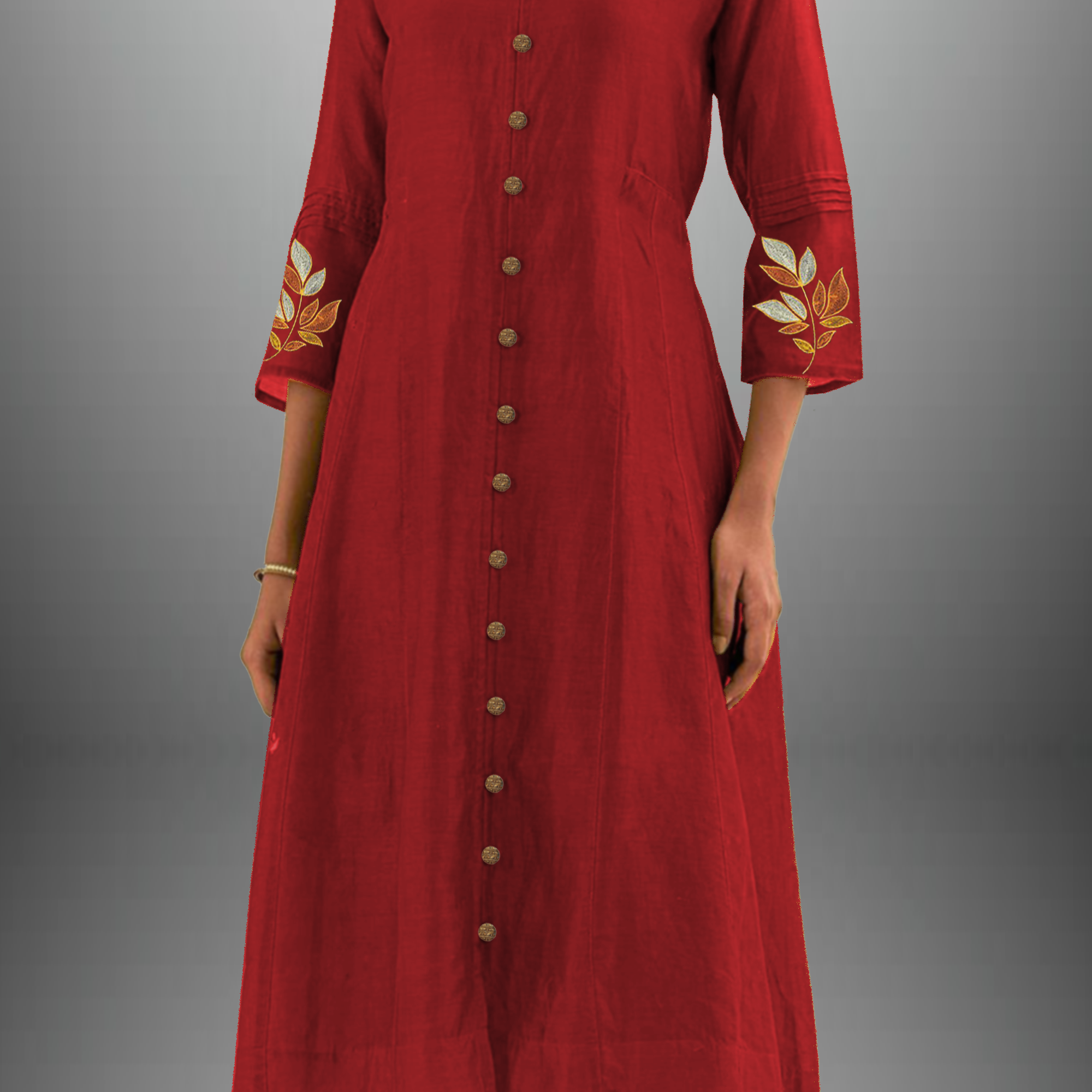 Women's Cotton silk red kurti set with embroidery on sleeve-RWKS014