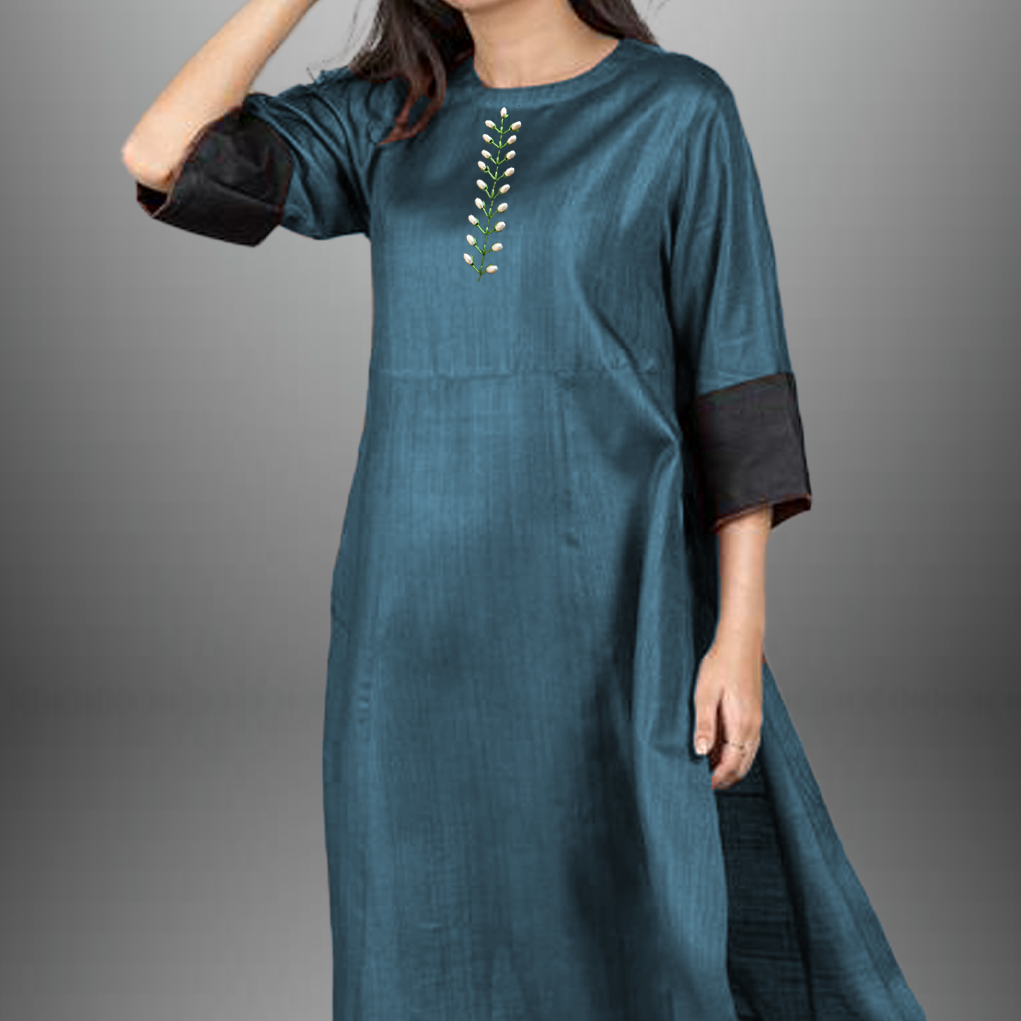 Women's  Cotton silk sea blue  kurti set with  bead embroidery-RWKS011