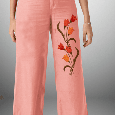 Women’s peach pink casual pant with floral motif-RCP028