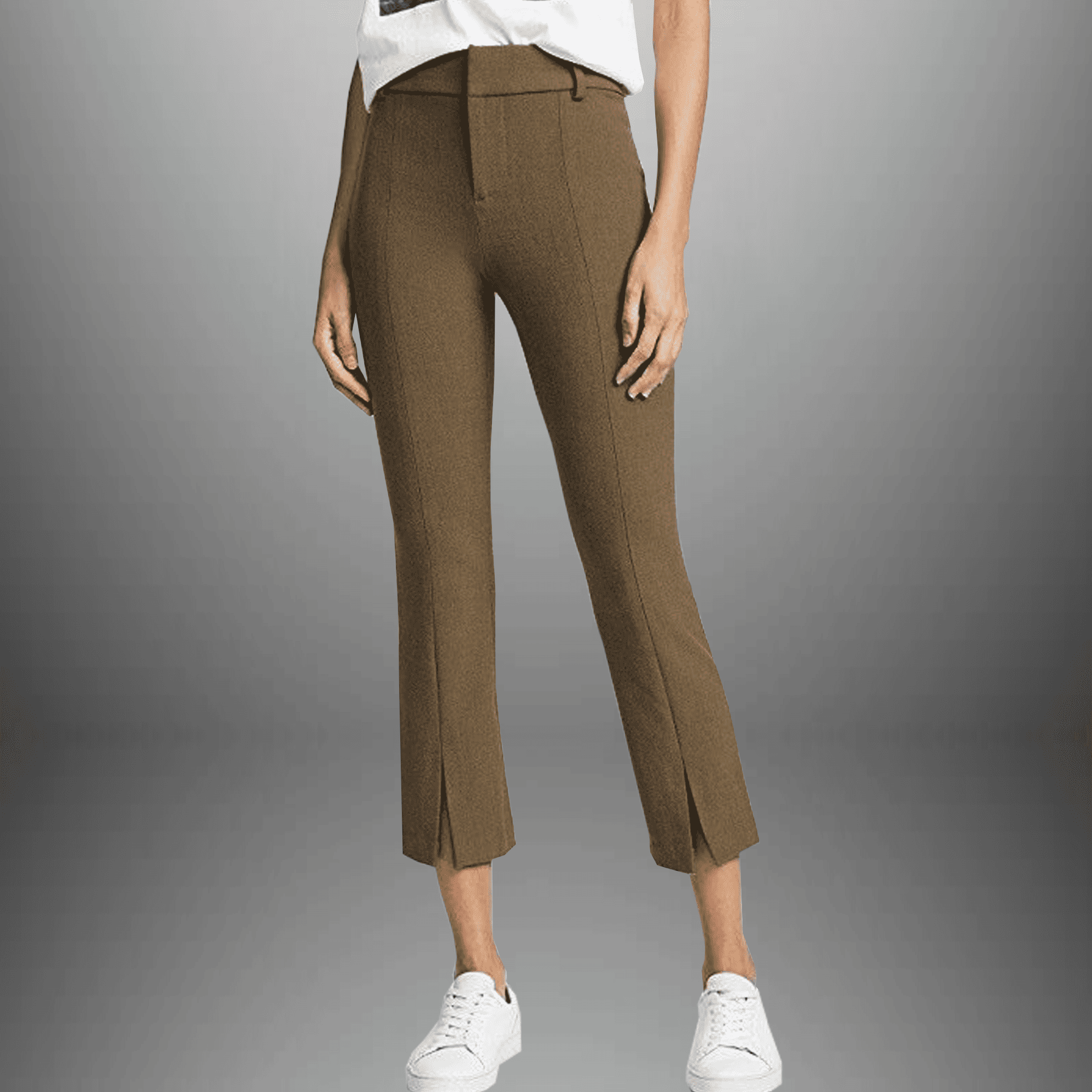 Women's front cut tan brown stretchable casual pants-RCP027