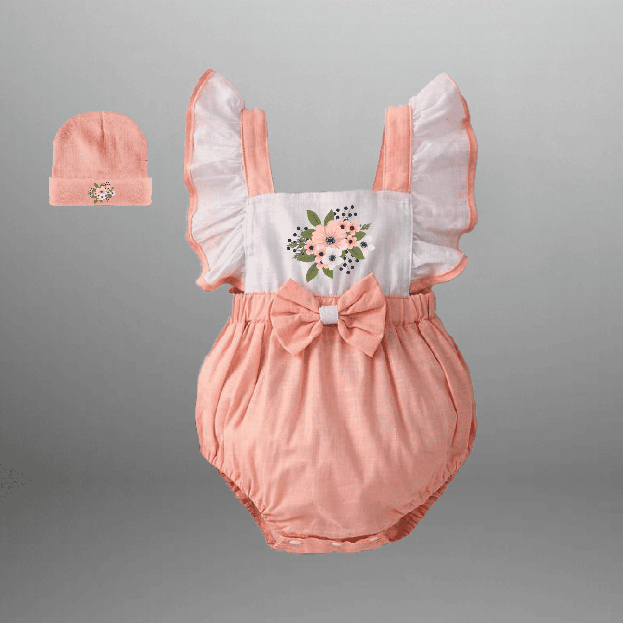 Baby girl's cute Peach & white romper with a baby hat-RKFCTT090