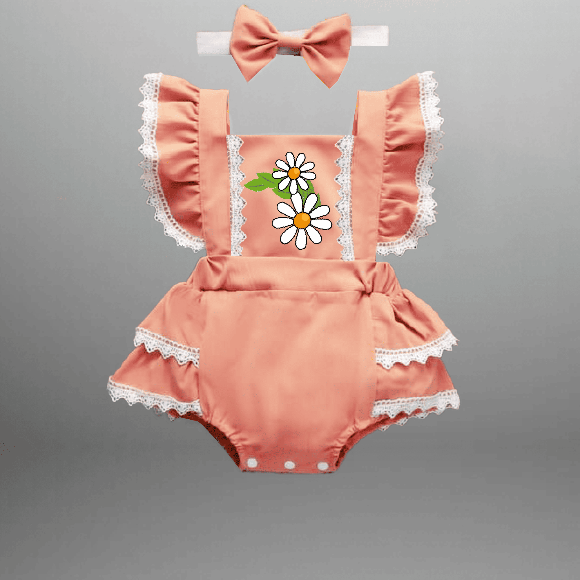 Baby girl's Peach cute frilled romper with lace border and a free hair band-RKFCTT093
