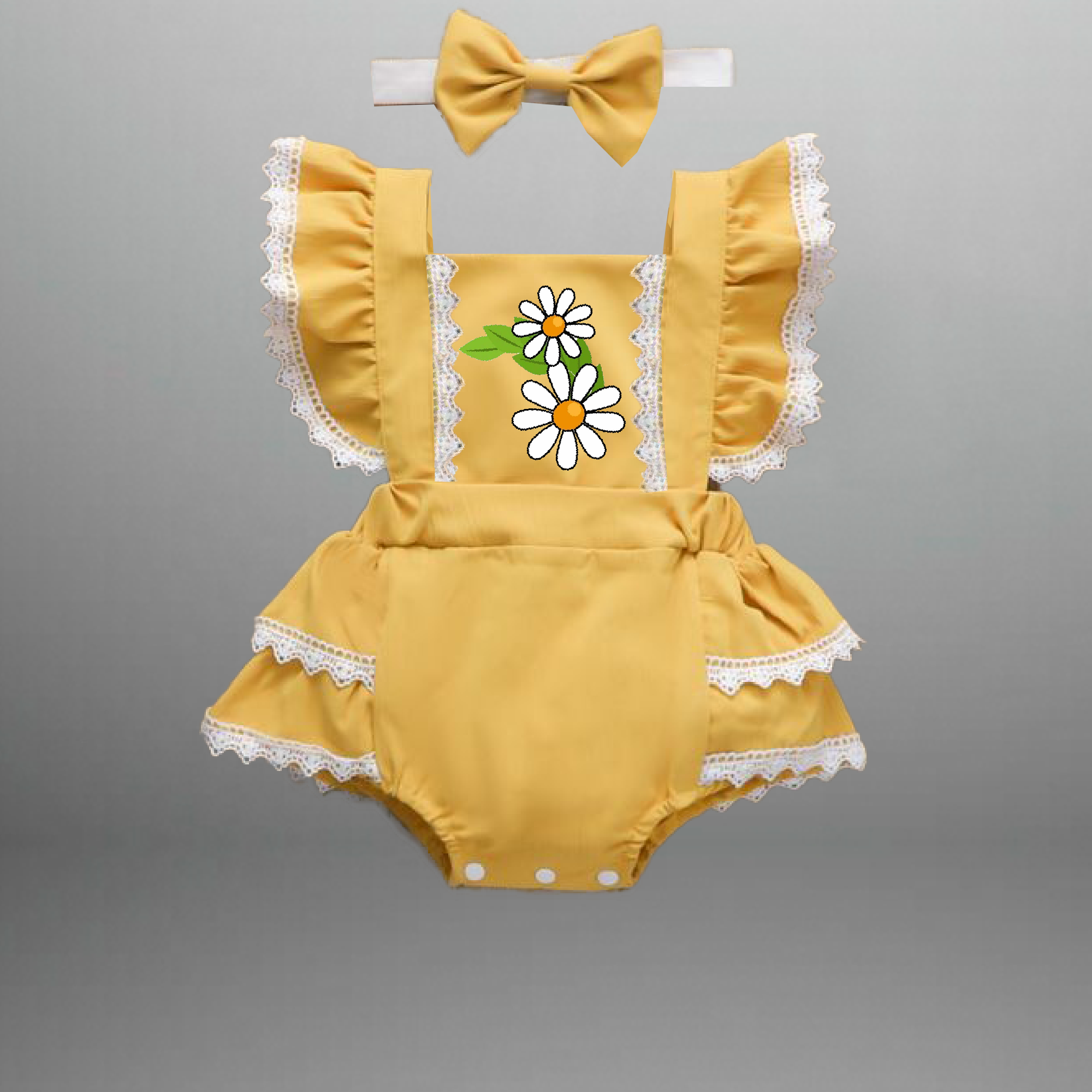Baby girl's yellow cute frilled romper with lace border and a free hair band-RKFCTT092