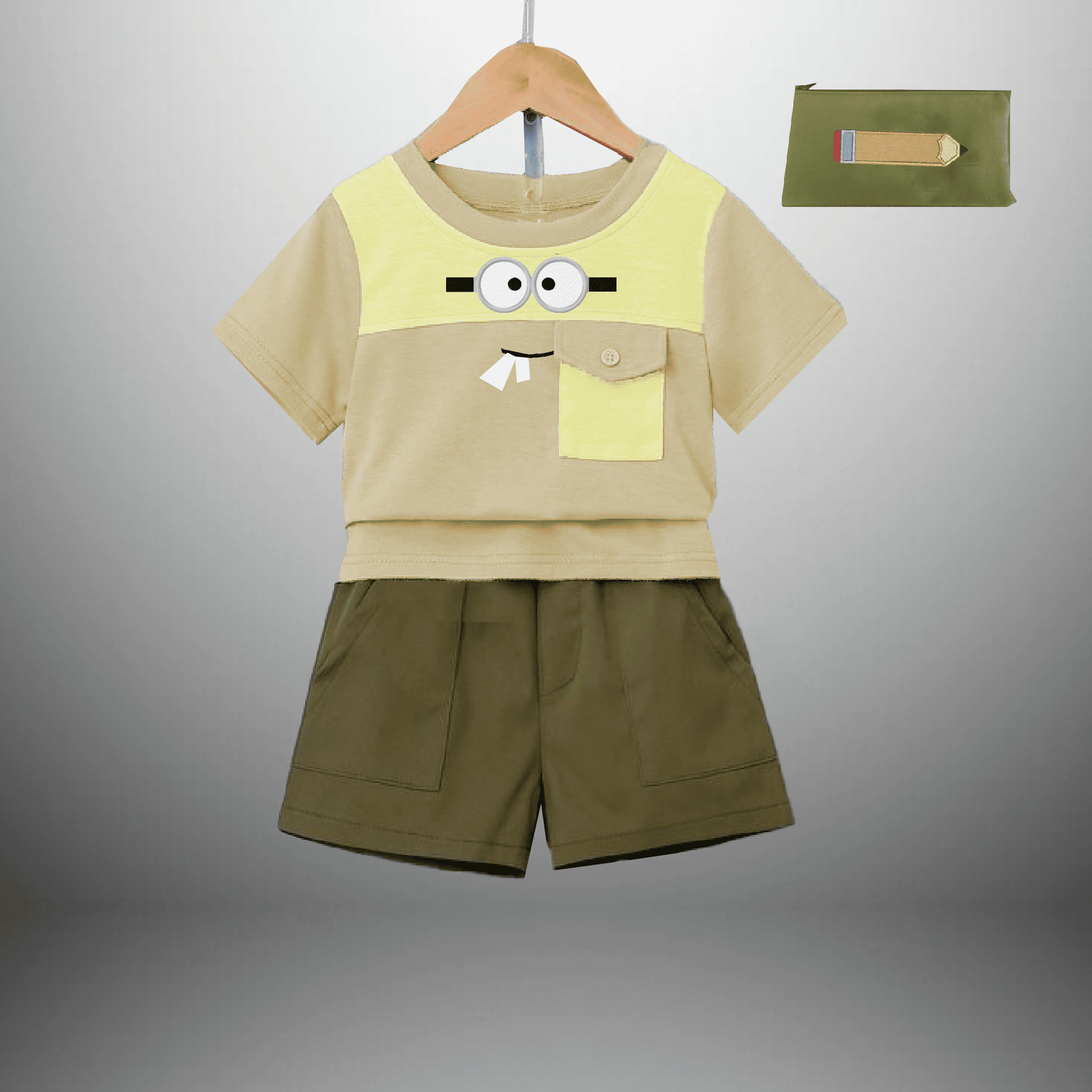 Boy's 2 piece set of color blocked t-shirt and shorts with a free pencil box-RKFCW490