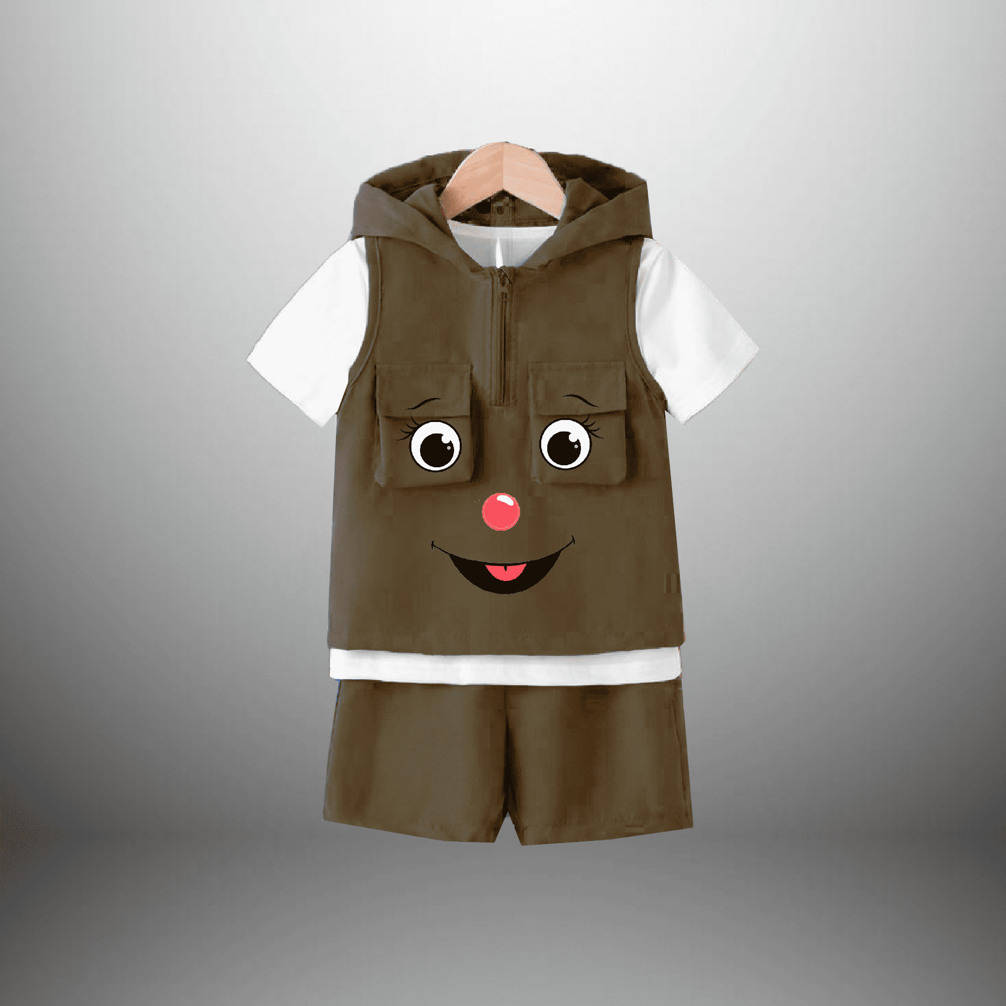 Boy's 3 piece set with white t-shirt, Brown shorts and a sleeveless Hooded jacket-RKFCW493