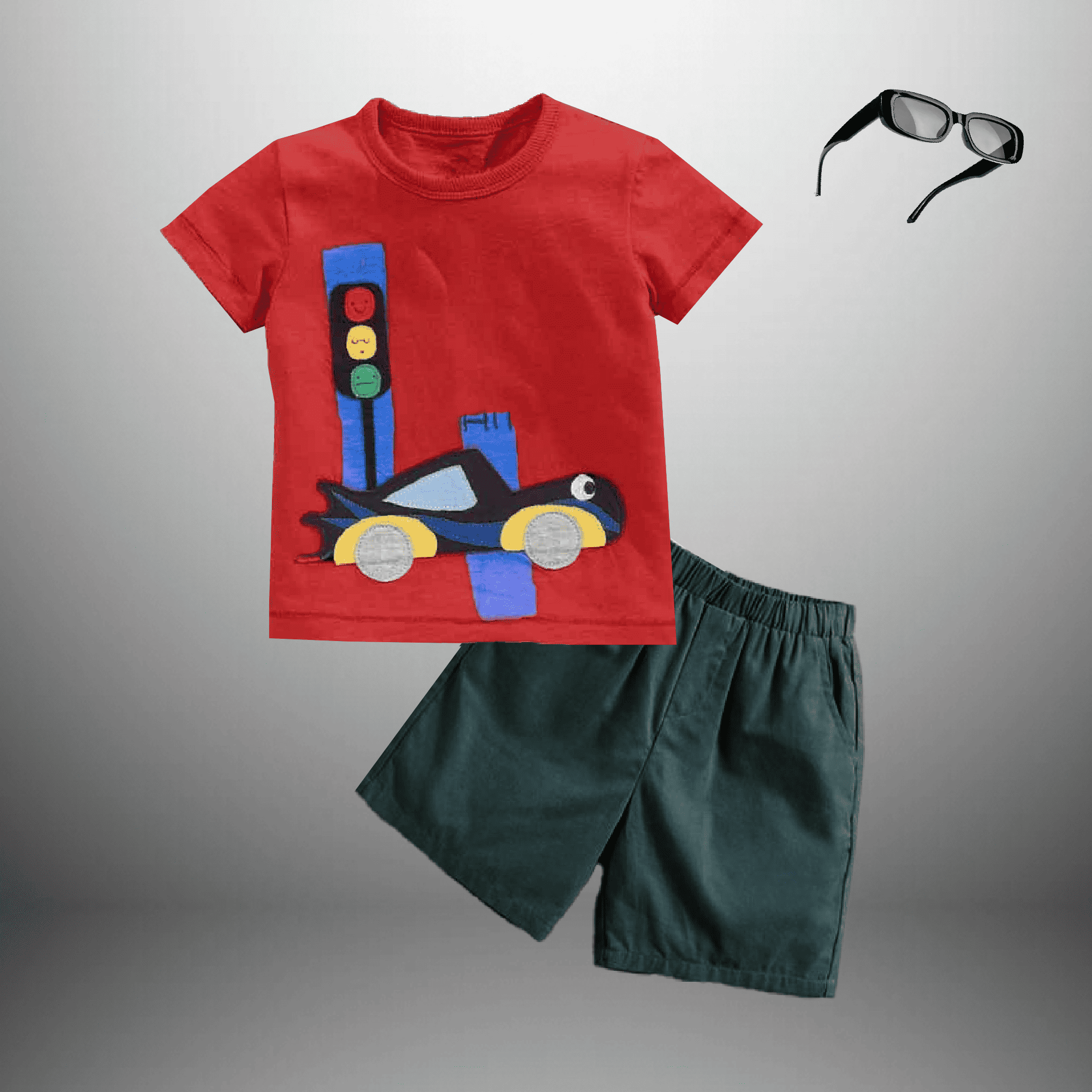 Boy's 2 piece set of a Red T-shirt and shorts with a free Sunglasses-RKFCW489