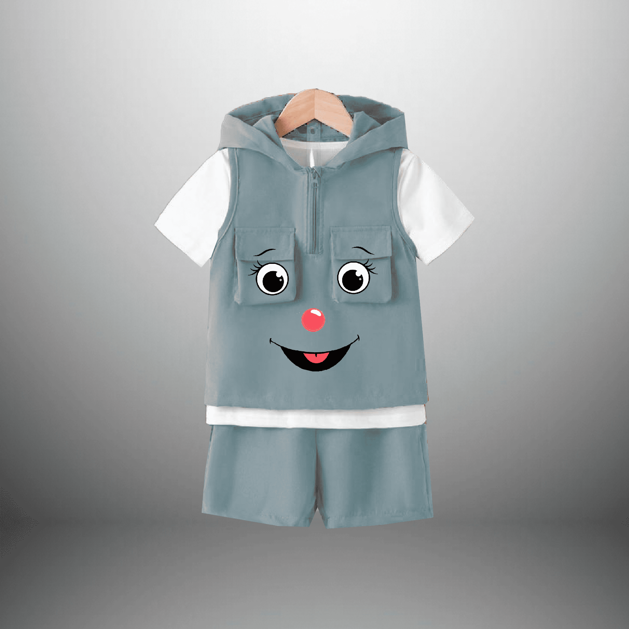 Boy's 3 piece set with white  t-shirt, Sky Grey shorts and a sleeveless Hooded jacket-RKFCW491
