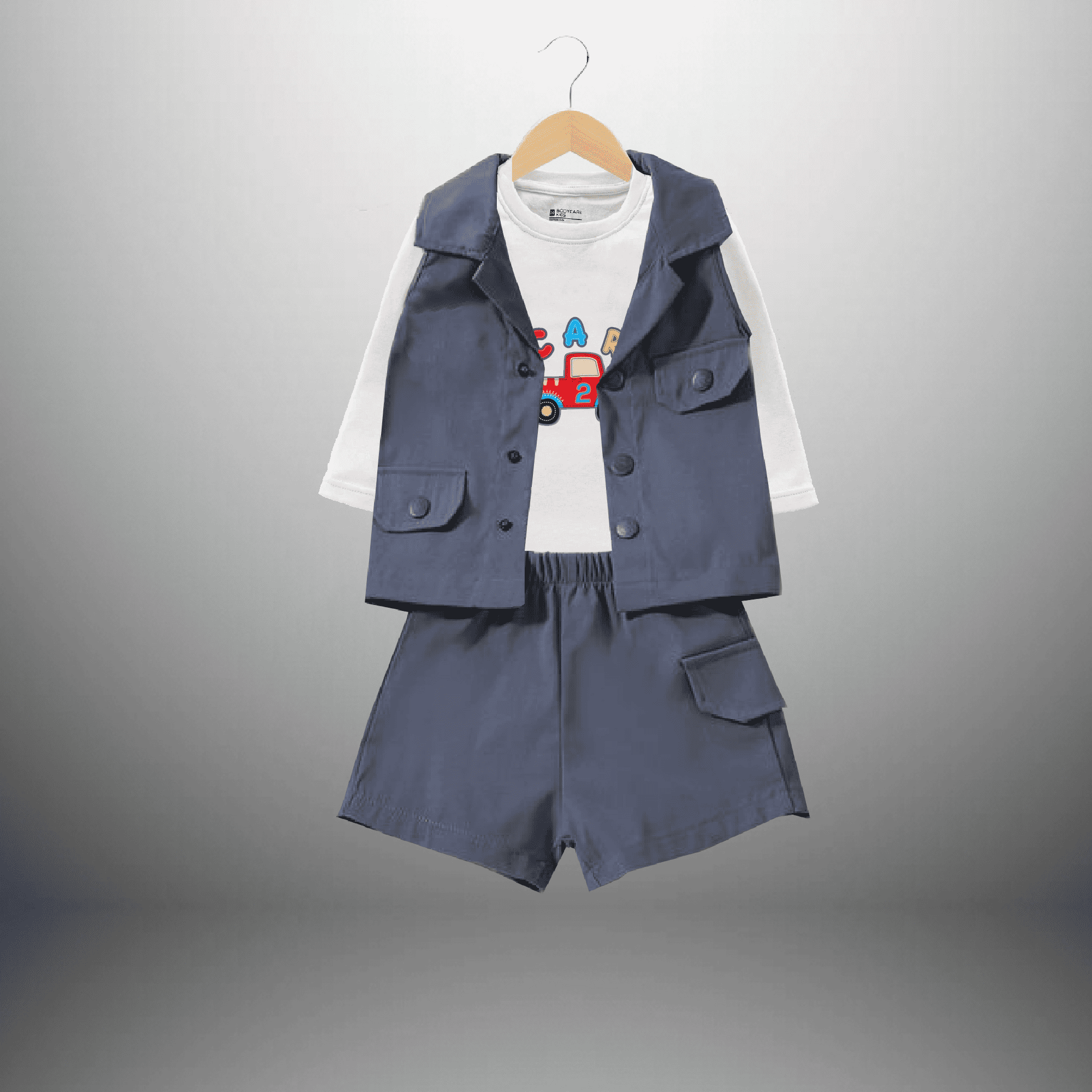 Boy's Blue 3 piece set with white  t-shirt, shorts and a sleeveless jacket-RKFCW488