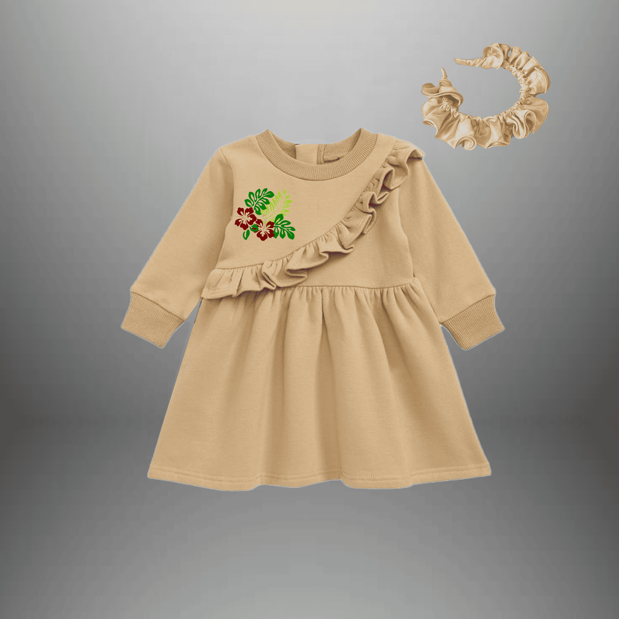 Girl's full sleeve beige color dress with frills and floral motif-RKFCW474