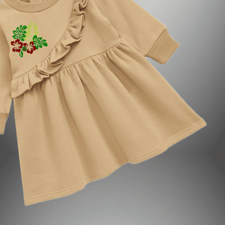Girl’s full sleeve beige color dress with frills and floral motif-RKFCW474