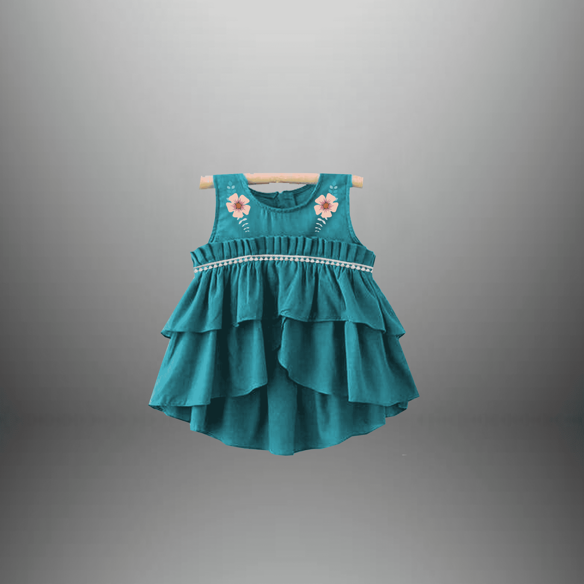 Girl's Go go green dress with floral motif and frills-RKFCW484
