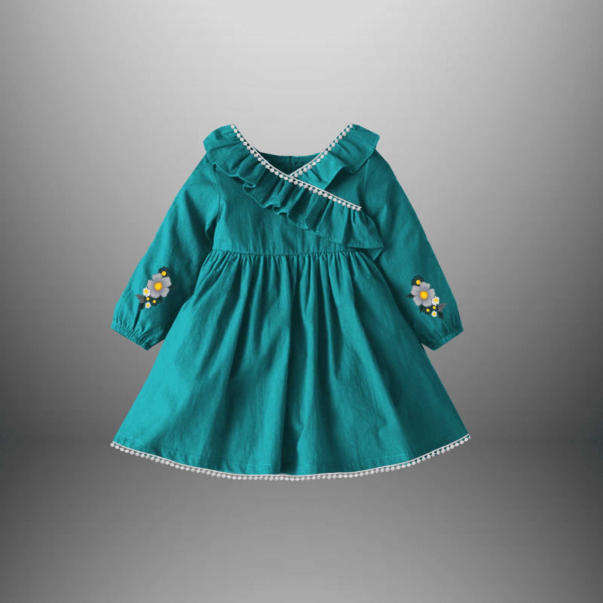 Girl's Greasy green full sleeve dress with border laces-RKFCW481