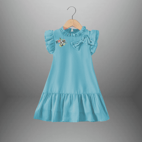 Girl’s light blue frilled dress with a side bow-RKFCW476