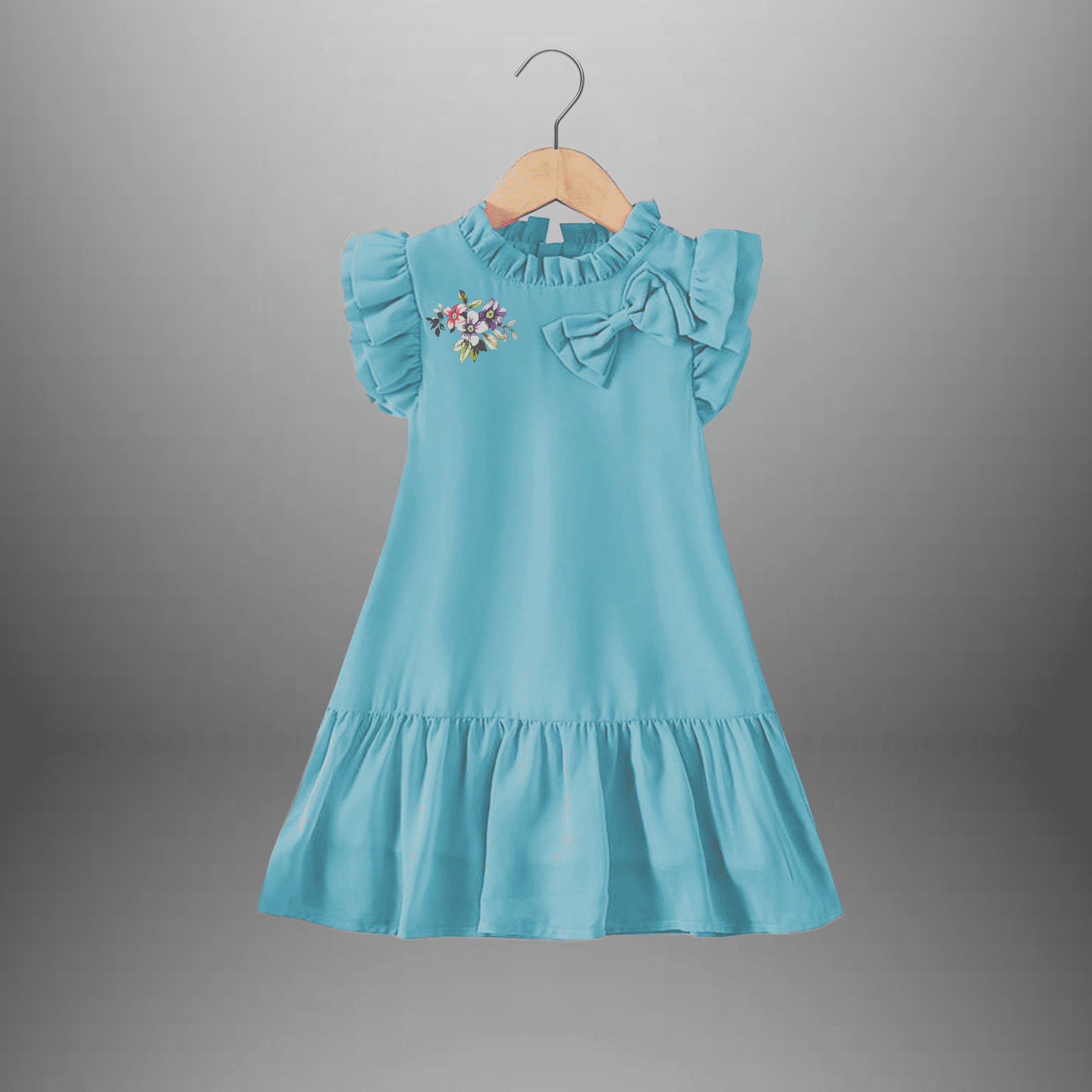 Girl's light blue frilled dress with a side bow-RKFCW476