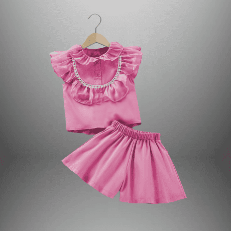 Girl’s light pink two piece set with frilled top and a flared skirt-RKFCW471