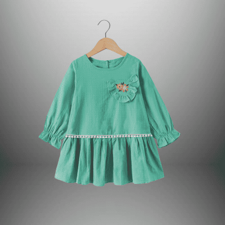 Girl’s Mint green full sleeve dress with frilled pocket-RKFCW482