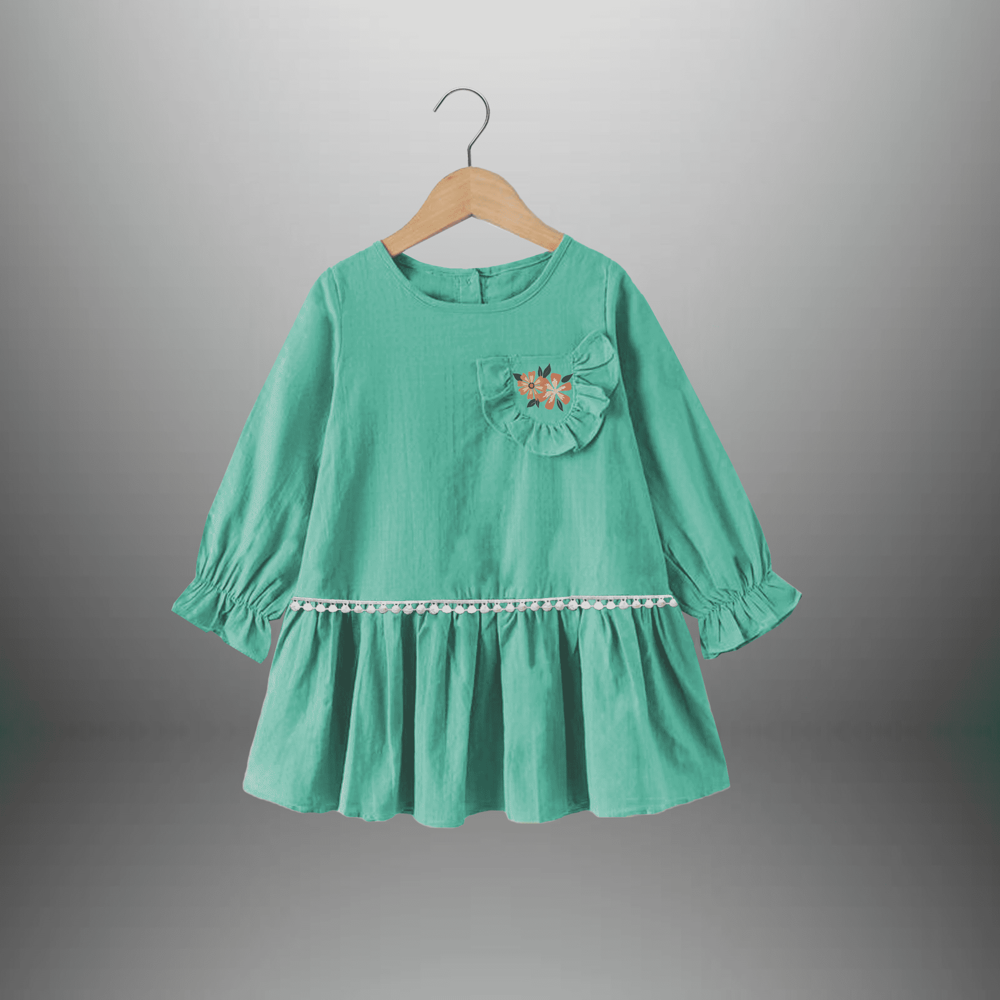 Girl's Mint green full sleeve dress with frilled pocket-RKFCW482