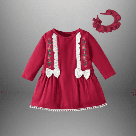 Girl’s Red frilled dress with lace border and bow-RKFCW473