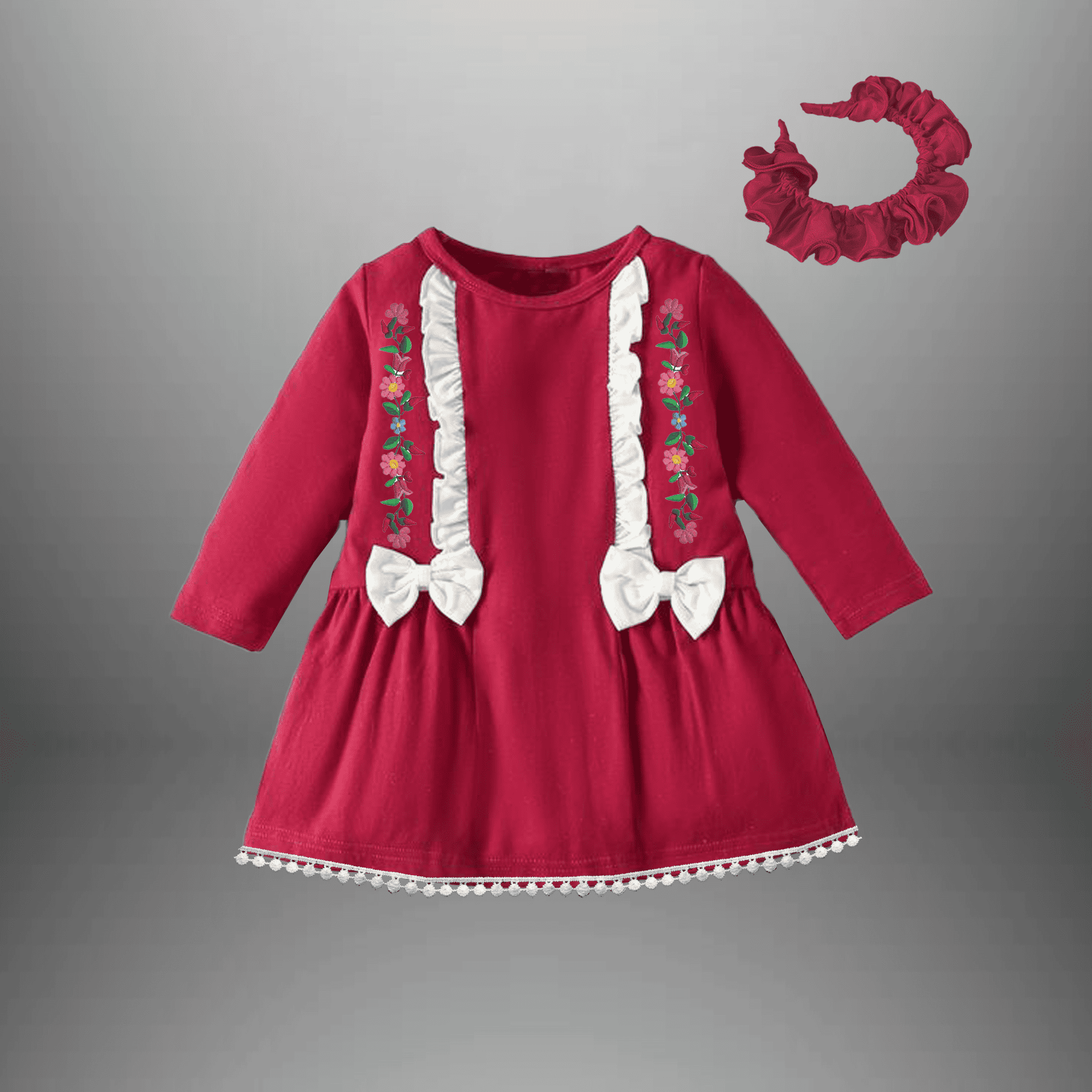 Girl's Red frilled dress with lace border and bow-RKFCW473