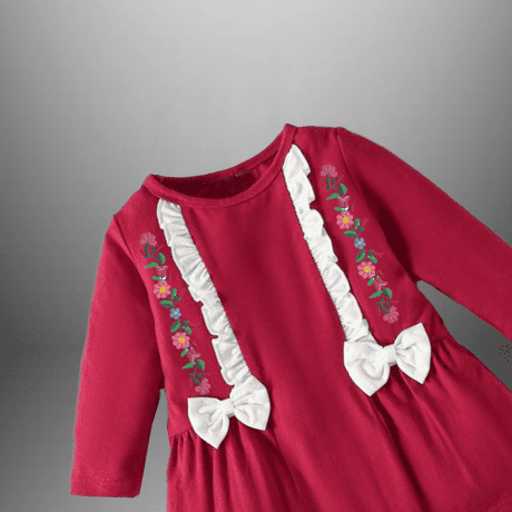 Girl’s Red frilled dress with lace border and bow-RKFCW473