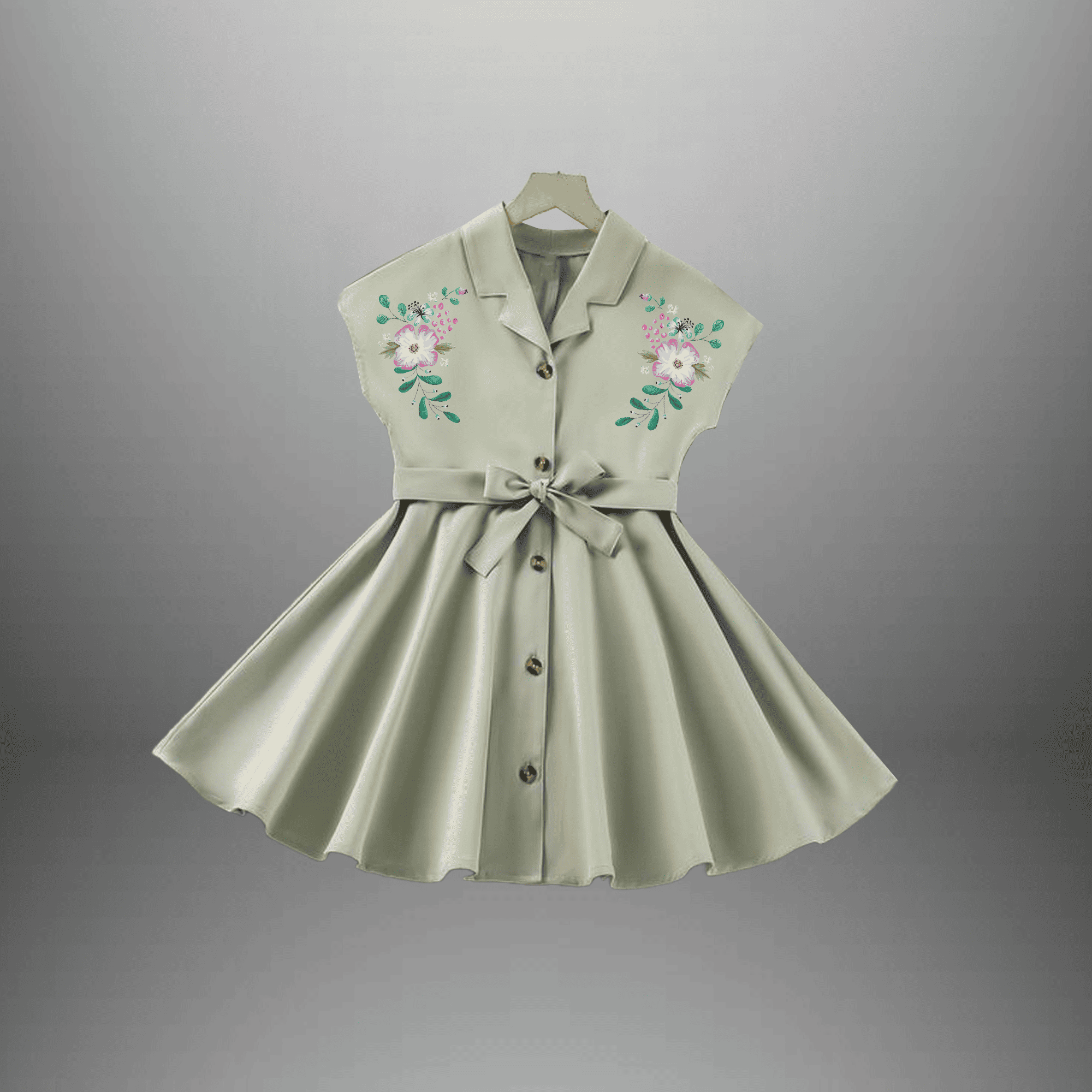 Girl's Sage Green color flared dress with collar and button embellishment-RKFCW472