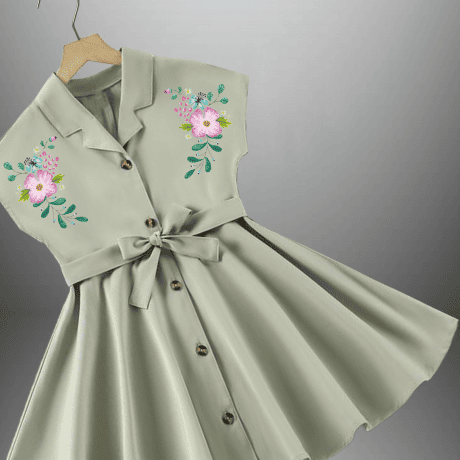 Girl’s Sage Green color flared dress with collar and button embellishment-RKFCW472
