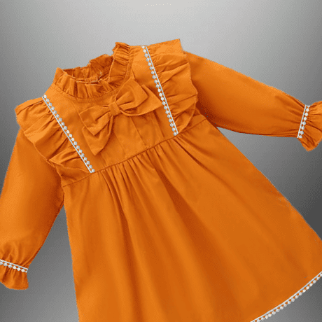 Girl’s full sleeve yellow dress with a neck bow-RKFCW475