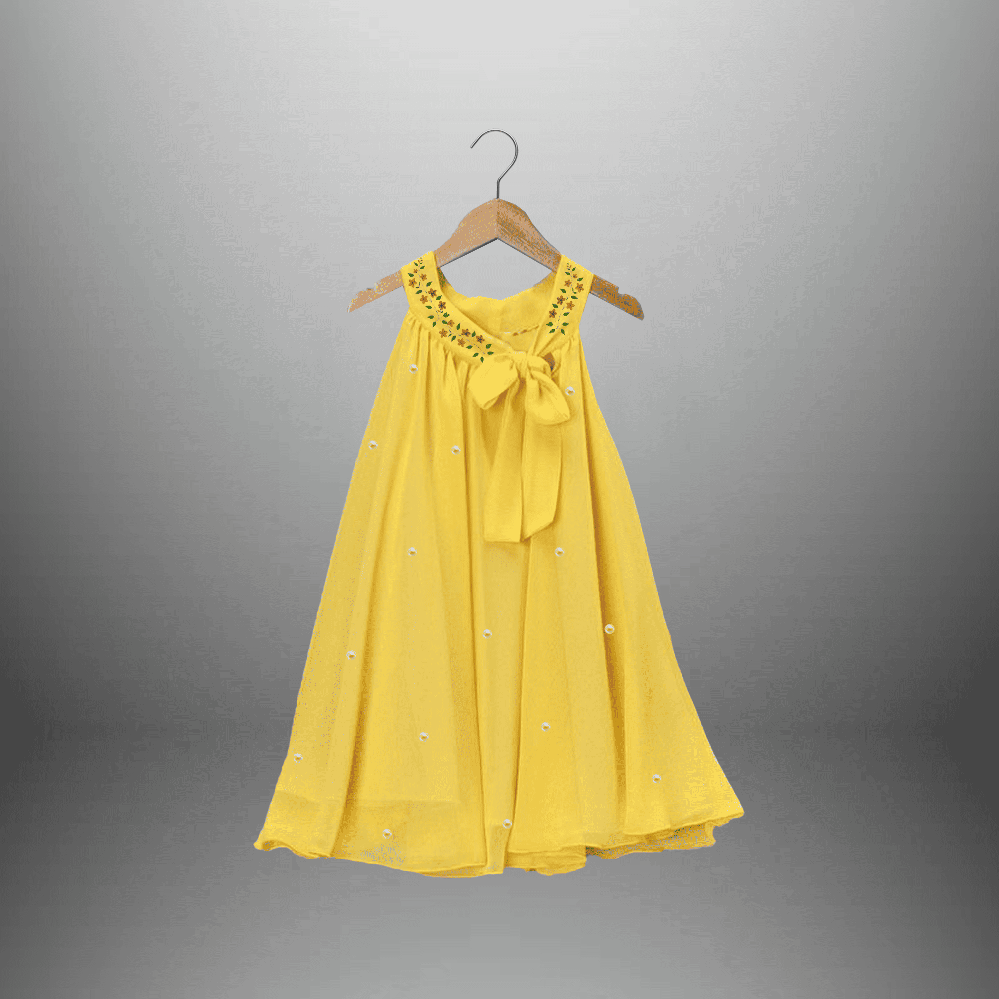 Girl's Yellow frilled dress with floral motif and front tie-RKFCW477