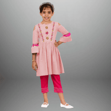 Girl’s Two piece set with Baby Pink Kurta and Pink straight pant-RKFCW465