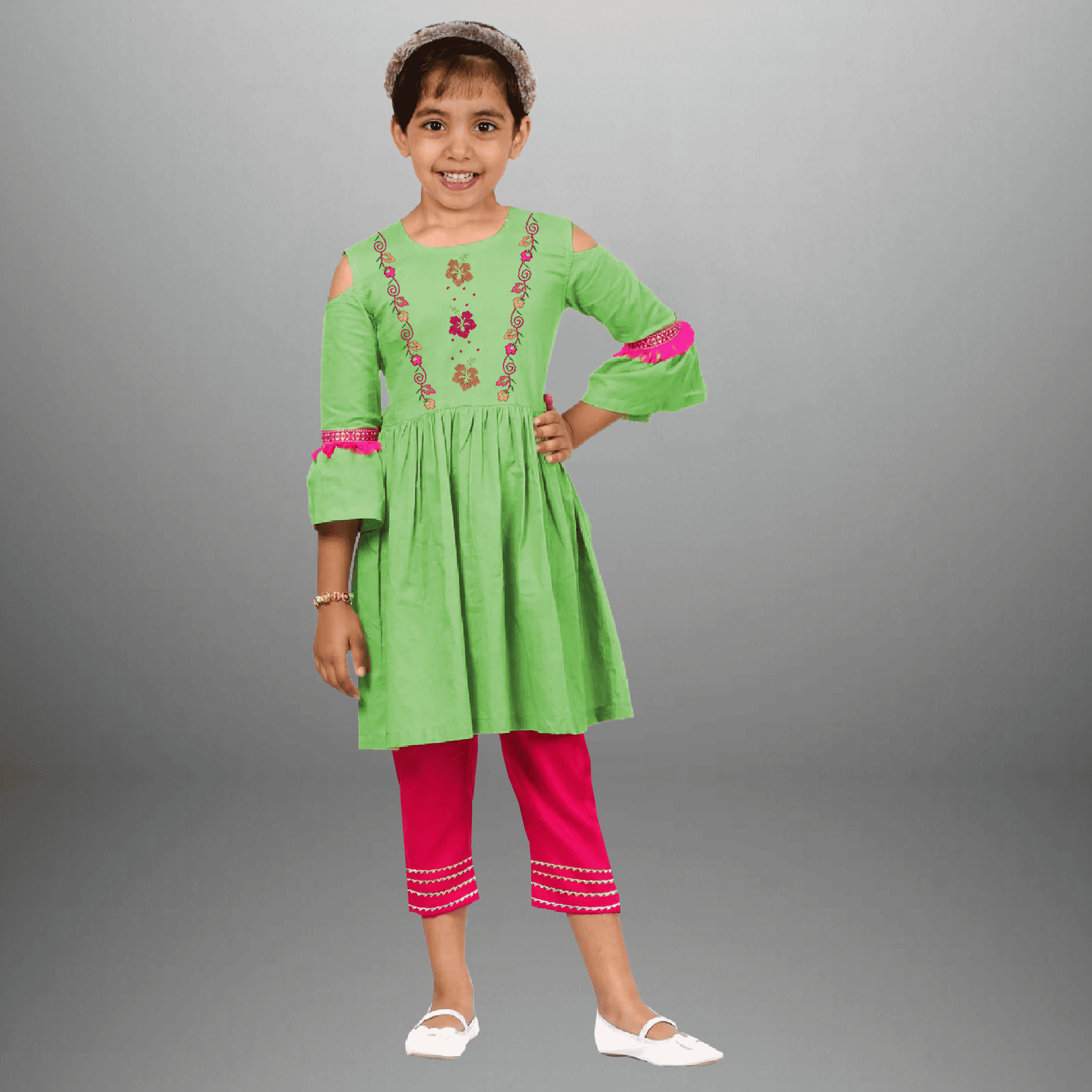 Girl's Two piece set with Green Kurti and Pink straight pant-RKFCW466